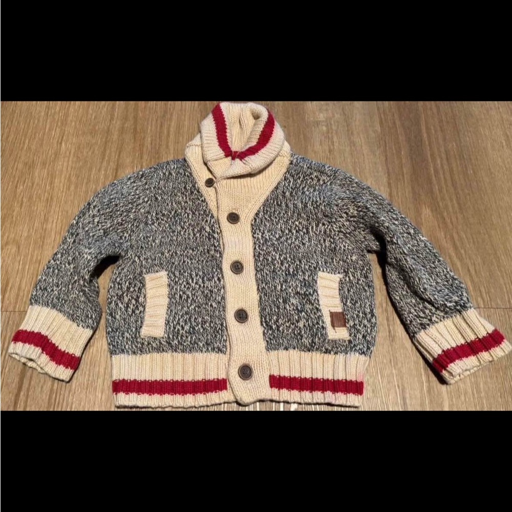 Roots Kids Gray and Cream Sweater with Red Accents